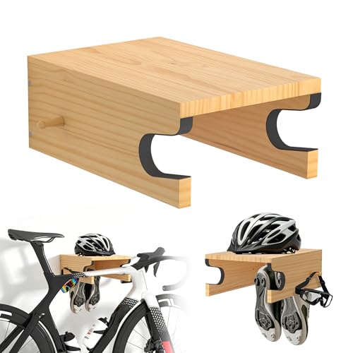 MTGSTOCL Wooden Bike Wall Mount w/Shelf & Hooks, Road Bike Storage Decor