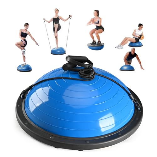 Half Balance Ball Trainer, Half Yoga Exercise Ball with Resistance Bands and Foot Pump, Balance Trainer for Stability Training, Strength Exercise Fitness, Home Gym Workout Equipment (Blue)