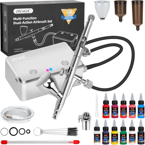 Ovaga 32PSI Airbrush Kit with Compressor, Rechargeable Multi-Function Dual-Action Airbrush Set Portable with Airbrush Paint Set 11 Colors for Painting Makeup Cake Decor Model Coloring Nail Art Tattoo