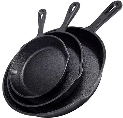 Simple Chef Cast Iron Skillet 3-Piece Set w/Cookbook - Heavy-Duty Professional Restaurant Chef Quality Pre-Seasoned Pan Cookware - 10", 8", 6.25" Pans - For Frying, Saute, Cooking, Pizza - Black