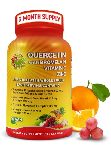 Quercetin with Bromelain, Vitamin C, Zinc, and Organic Whole Food Blend - 1215mg, Phytosome Quercetin 500mg with Ginger and Flavonoids for Immune Support - 180 count