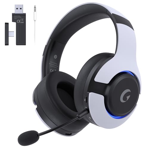 Syndesmos Wireless PS5 Headset, 2.4GHz Gaming Headset for PS5, PC, Switch, Bluetooth 5.3 Headphones with Noise Canceling Mic, 7.1 Surround Sound, Low-Latency, 45H Battery, White
