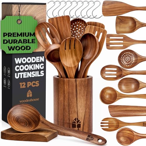 Teak Cooking Utensil Set with Holder