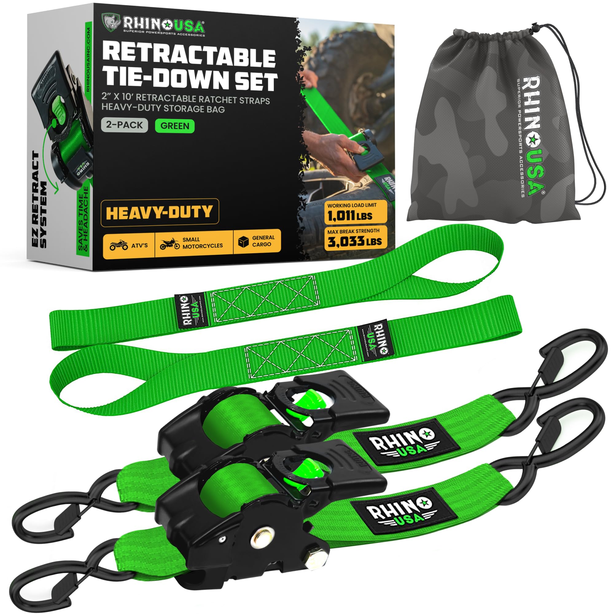 Rhino USA Retractable Ratchet Straps, Green