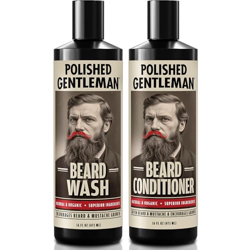 Polished Gentleman Beard Wash & Beard Conditioner Set - Biotin, Tea Tree, Aloe Vera, Manuka Honey, Argan Oil &ndash; Softens, Smooths & Hydrates Facial Hair &ndash; Paraben & Sulfate Free Shampoo Made in USA 16oz