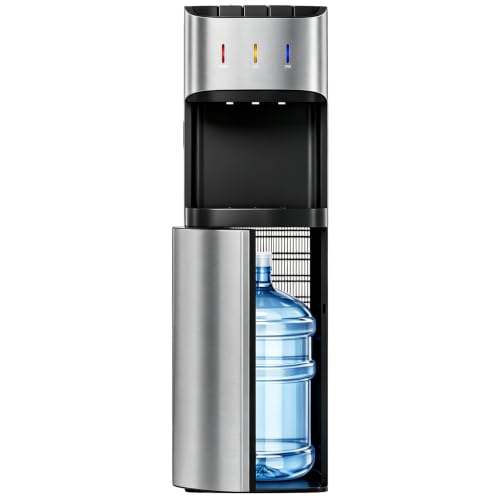 Manastin Bottom Loading Water Cooler Dispenser for 3-5 Gallon Bottles, 3 Temperature - Hot, Cold & Room Water with Child Lock, Ideal Design for Home & Office, Satin Silver